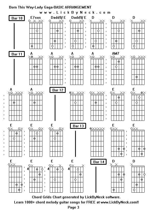 Chord Grids Chart of chord melody fingerstyle guitar song-Born This Way-Lady Gaga-BASIC ARRANGEMENT,generated by LickByNeck software.